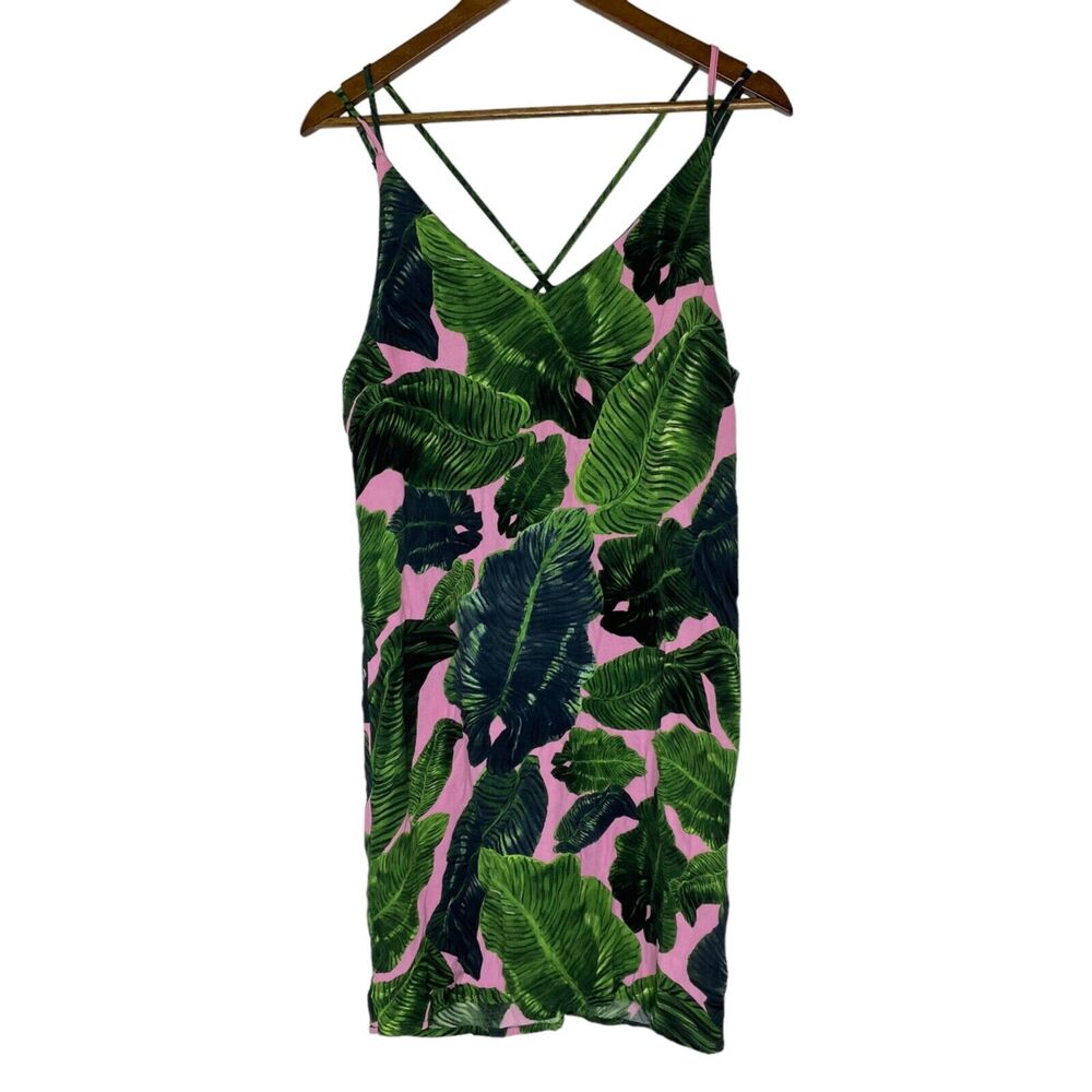 Topshop Green Pink Floral Tropical Strap Beach V-Neck Dress Size 4 Women’s